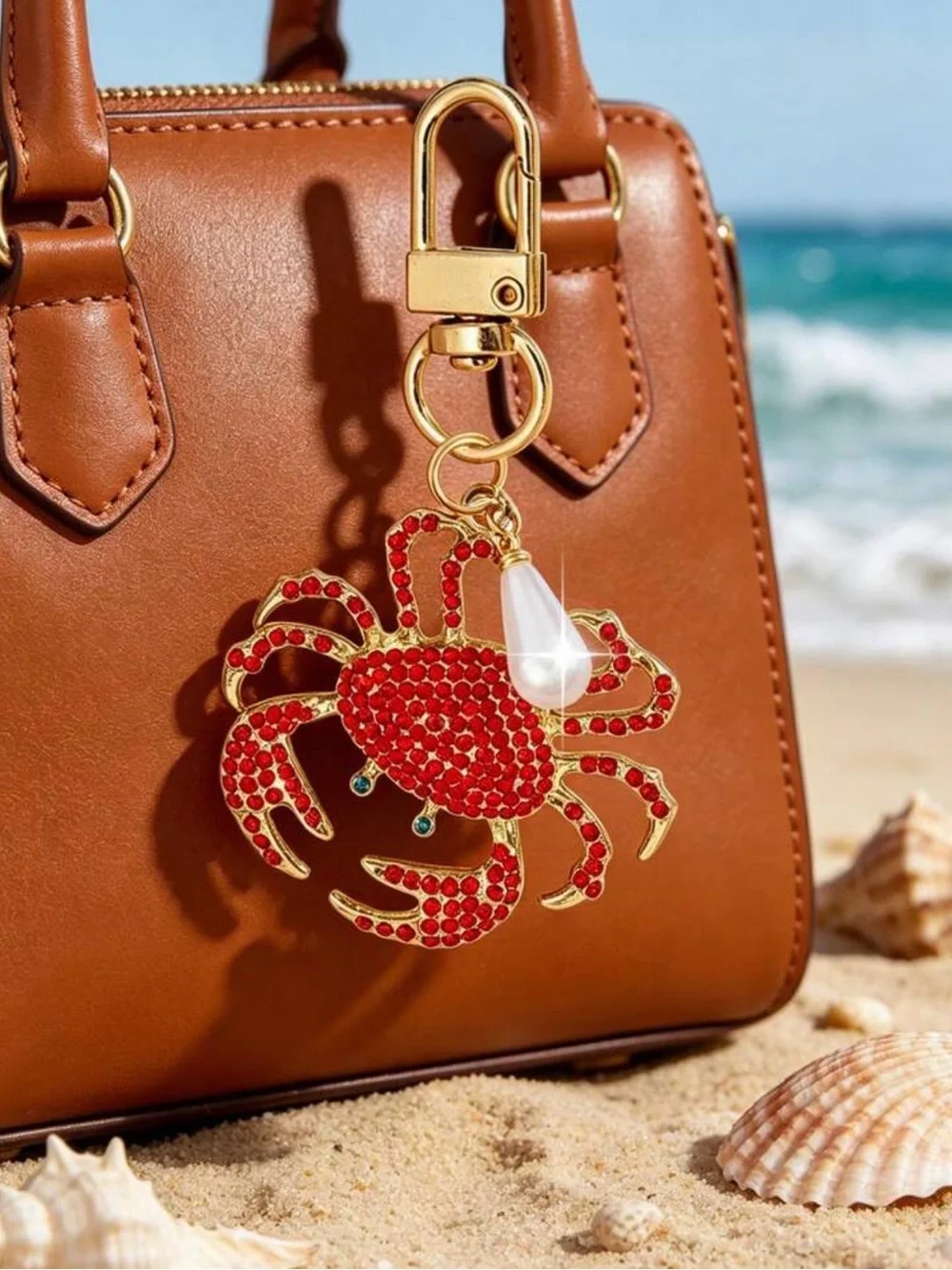 Gold-Tone Red Crystal Crab Bag Charm with Pearl Accent